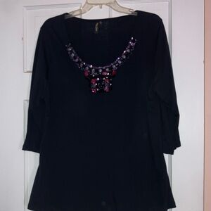 Black 3/4 Sleeve Tunic Top with Beaded Neckline